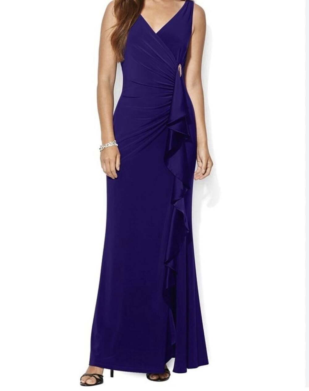 Lauren Ralph Lauren Evening Women's 4 Ruffle Jersey Formal Gown Dress Purple